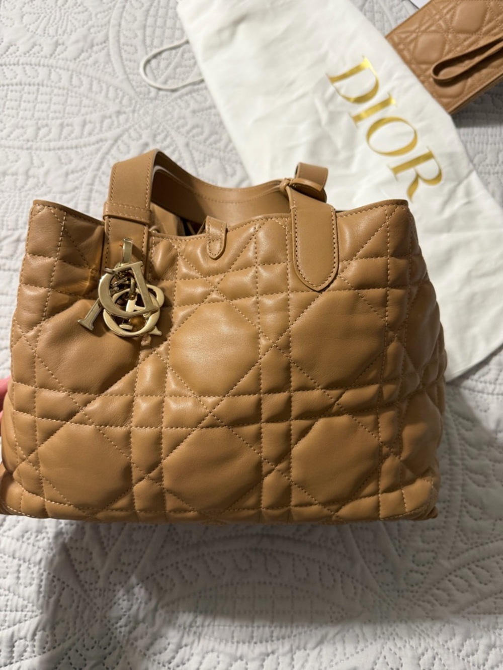 Dior Tan Quilted Tote with Matching Pouch and Gold Charm - Picture 5 of 10